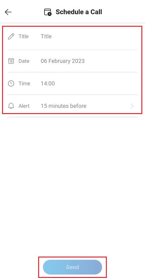 set the Title, Date, Time, and Alert for the meeting - tap on Send