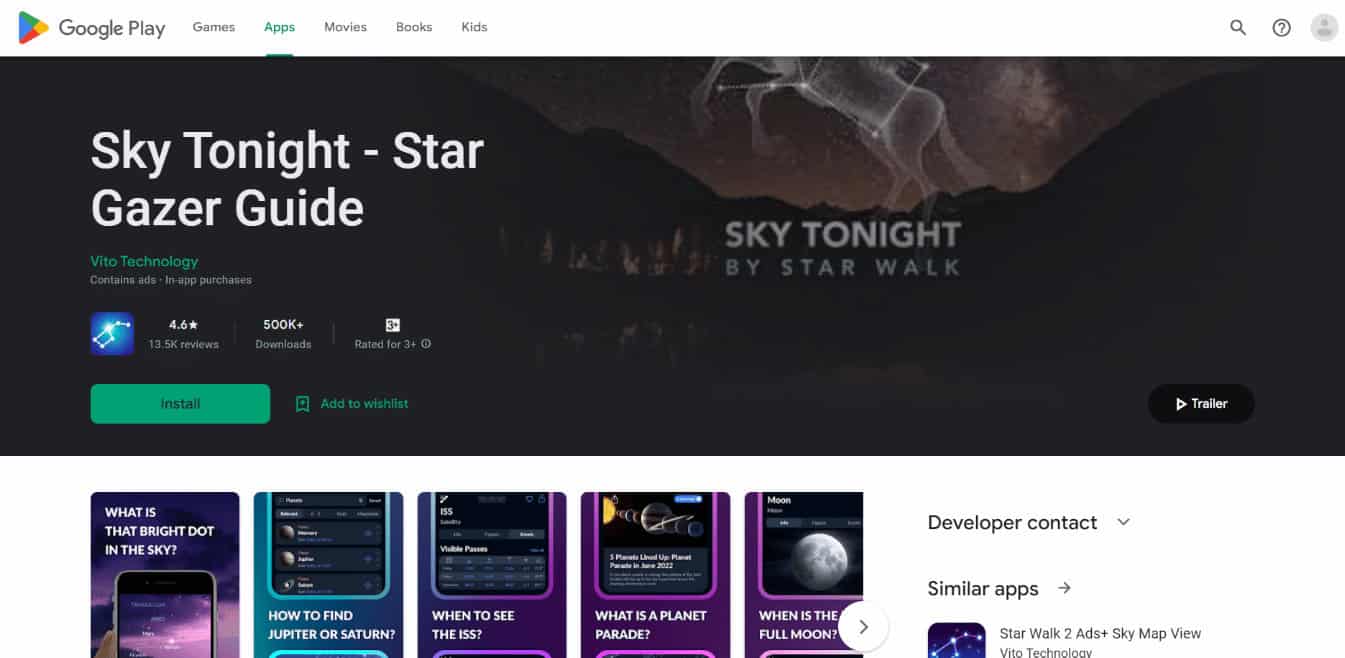 Sky Tonight App Install Page.