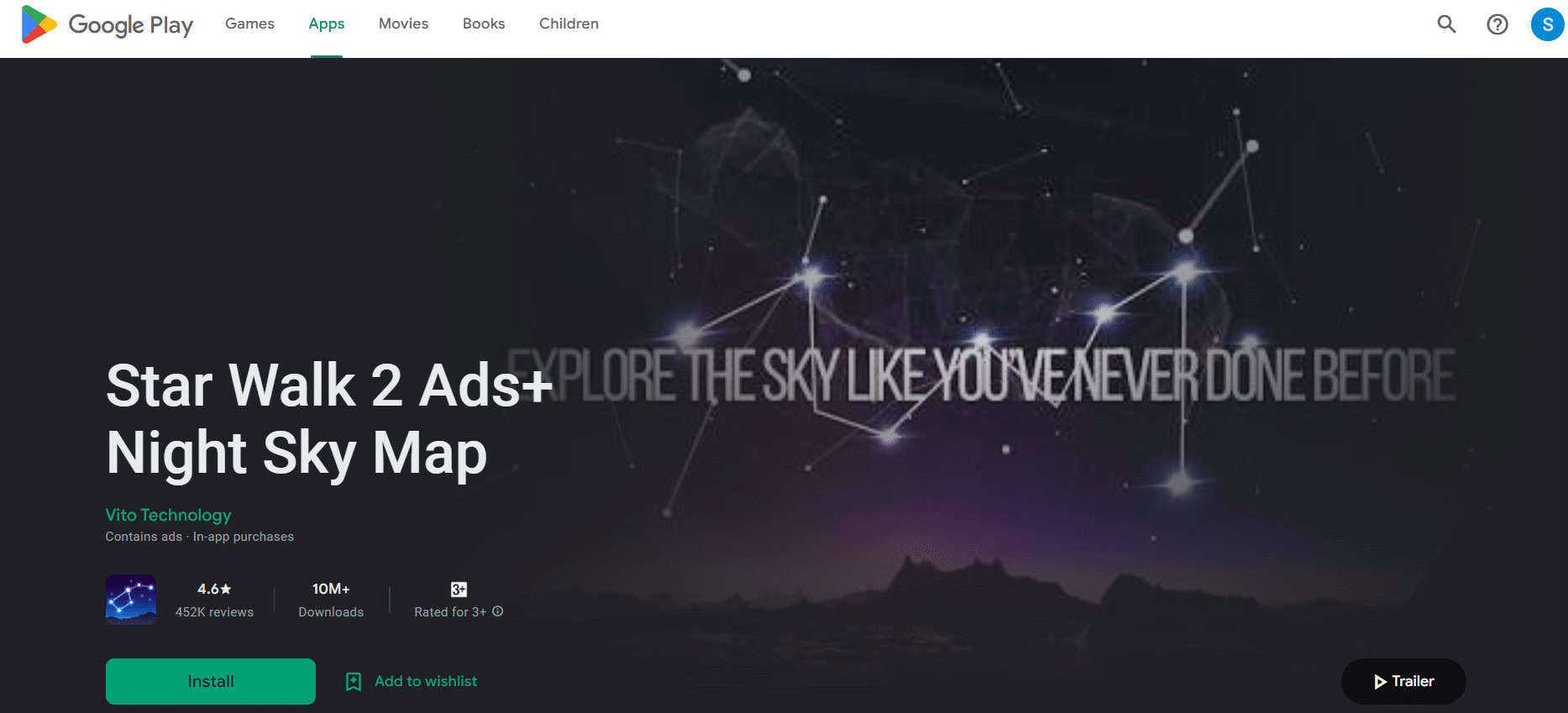 Star Walk 2 Ads+ Night Sky Map Install page