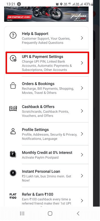 swipe down and tap on the UPI & Payment Settings option