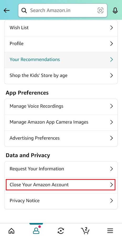 tap on Close Your Amazon Account under the Data and Privacy section
