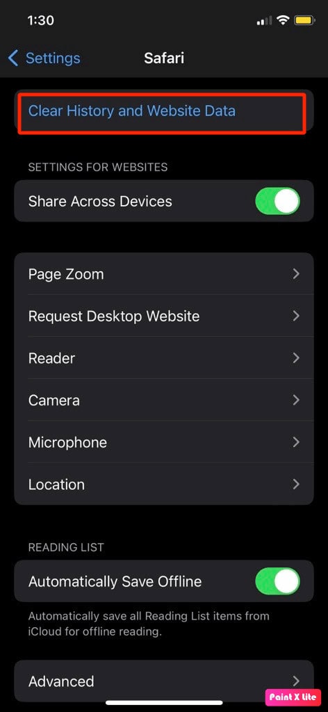 tap on clear history and website data | How to Delete System Storage on iPhone