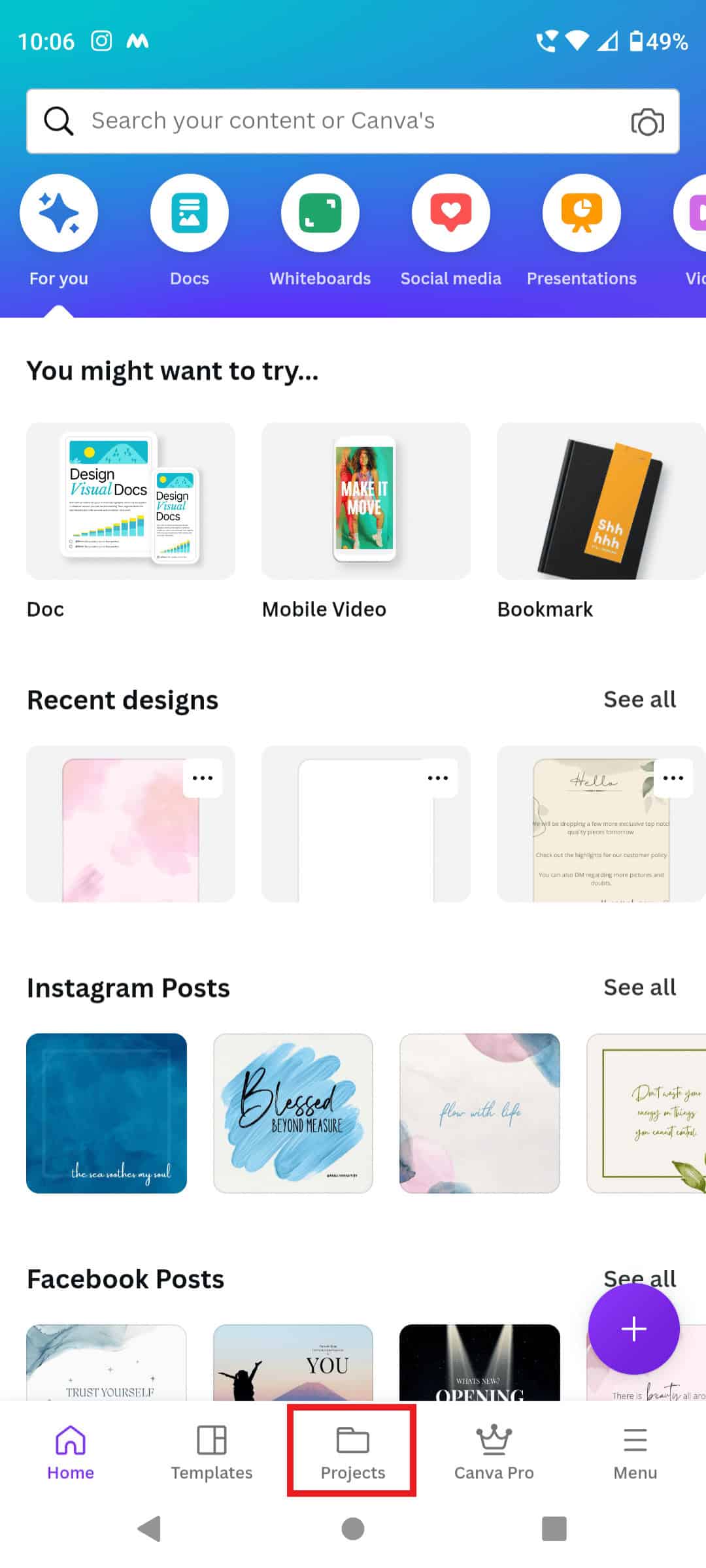 Tap on Projects on canva | how to add text on Canva mobile