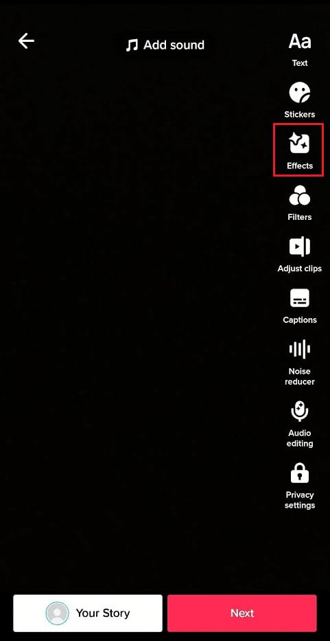 tap on the Effects tab from the right pane | add TikTok filter to existing video