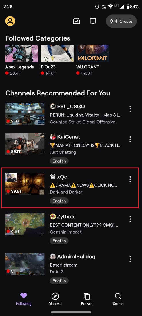 Tap on the stream you want to watch.