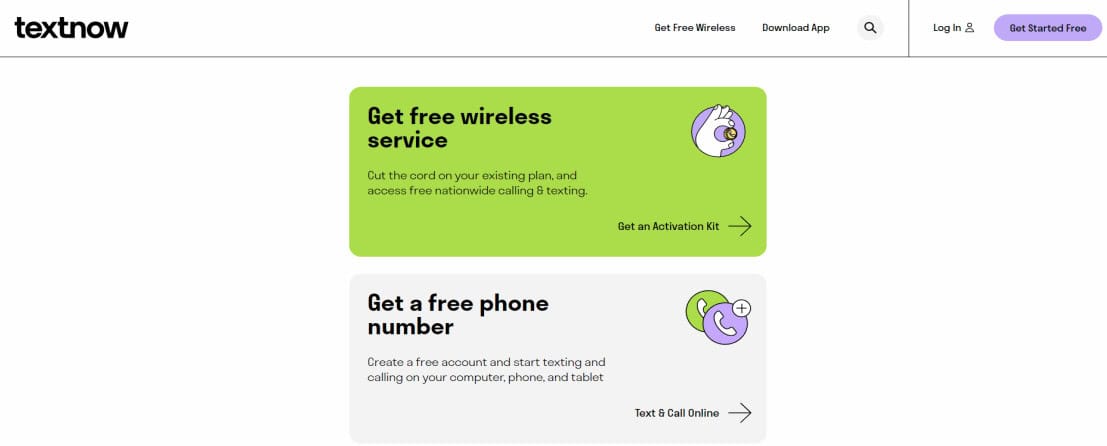Textnow Get started page