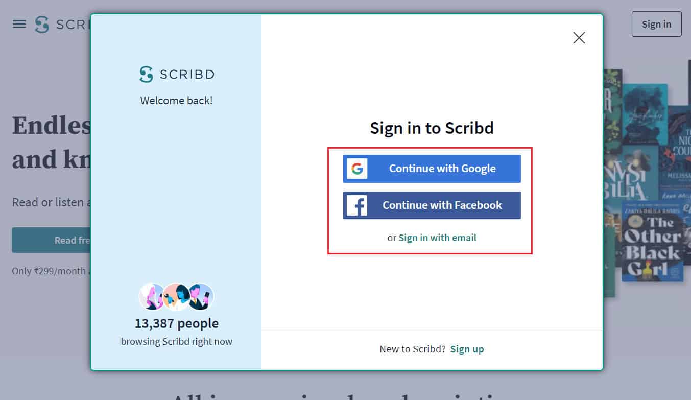 three ways of signing in to Scribd