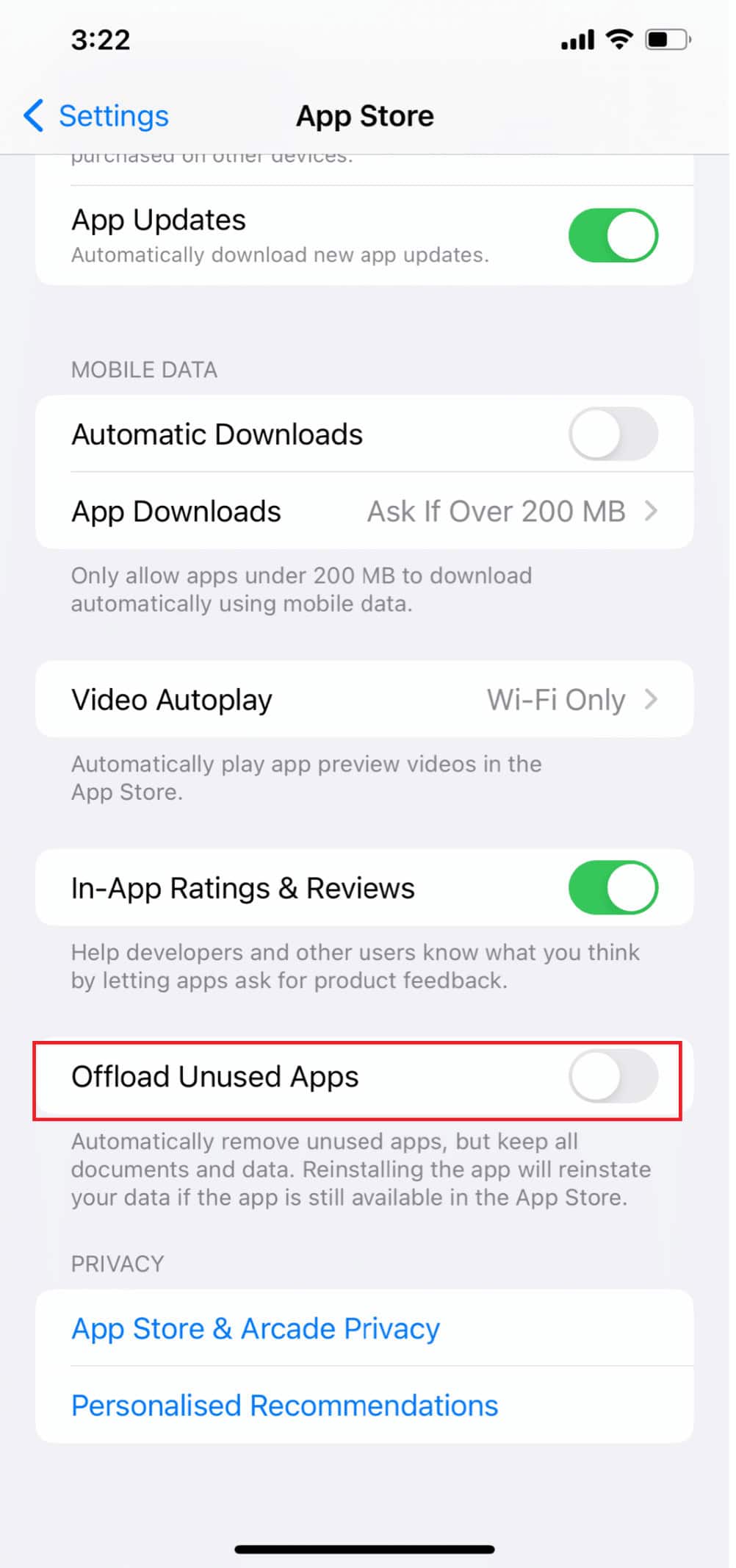 toggle off Offload Unused Apps | can’t find app on iPhone