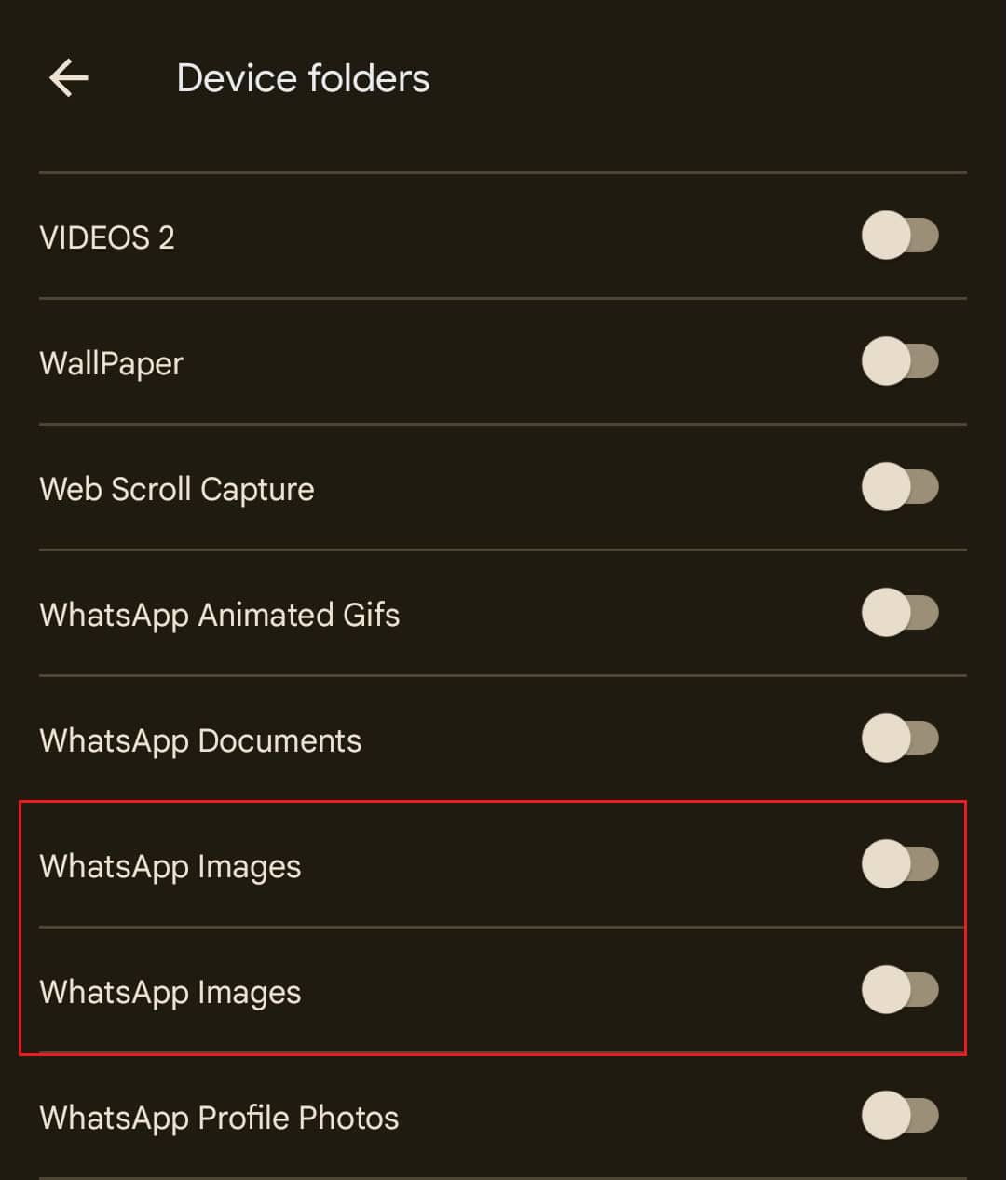 toggle to enable WhatsApp Images folder
