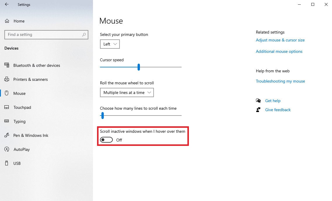 Turn off the toggle for Scroll inactive windows when hovering over them