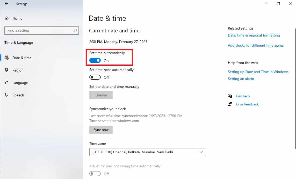 turn on the Set time automatically toggle