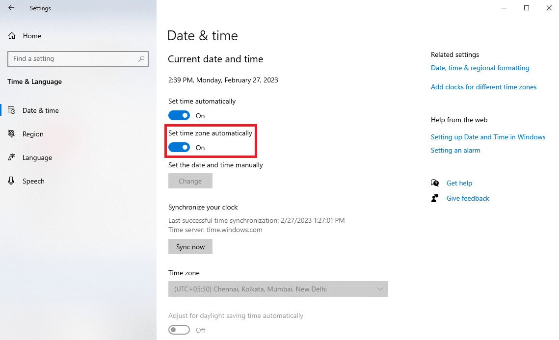 turn on the Set time zone automatically toggle
