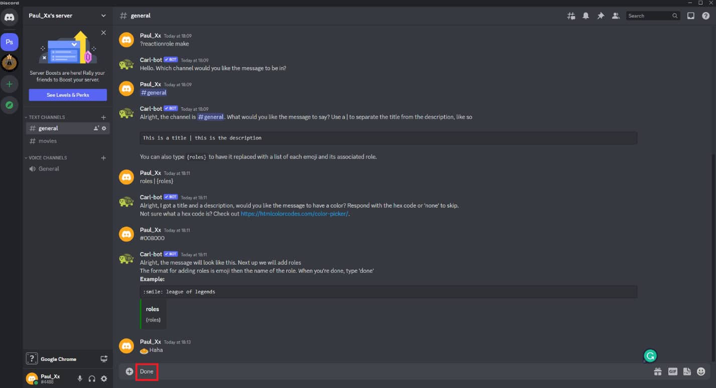 Type Done. How to Add Reaction Roles on Discord Carl Bot