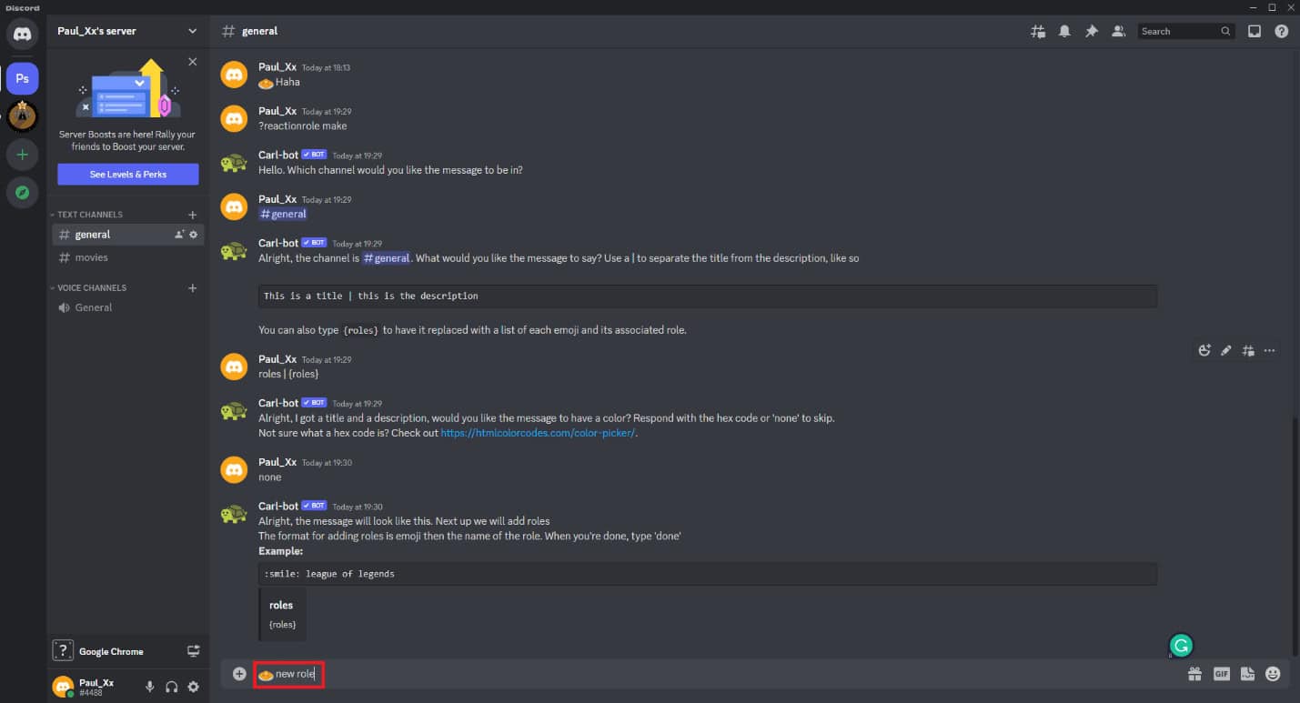 Type in the name of the role and hit Enter. How to Add Reaction Roles on Discord Carl Bot