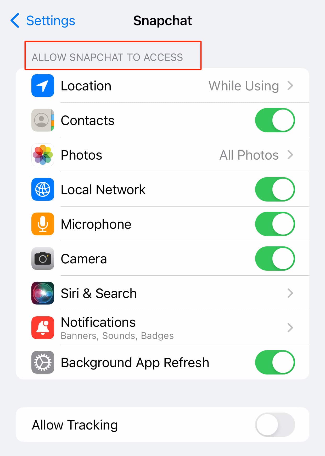 under allow snapchat to access heading toggle on the permissions