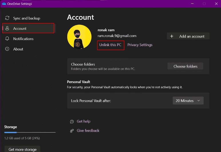 Unlink this PC in OneDrive settings