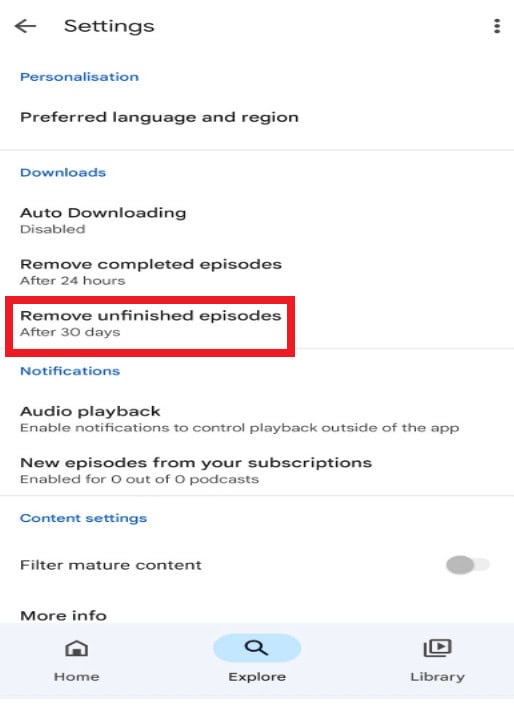 tap on Remove unfinished episodes&nbsp;from the Downloads section