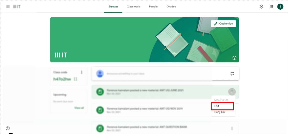 Click on Edit | How to Delete Google Classroom Assignment