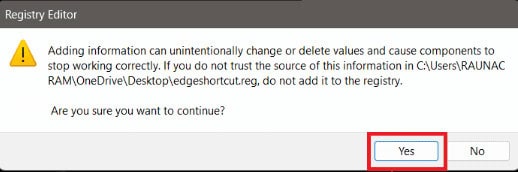 Yes to modify registry file