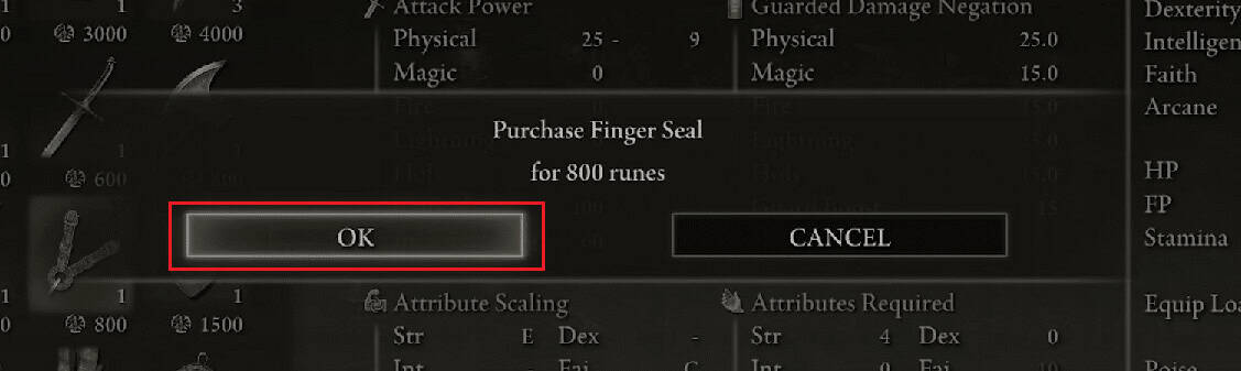 Click on OK from the popup to buy Finger Seal for 800 runes