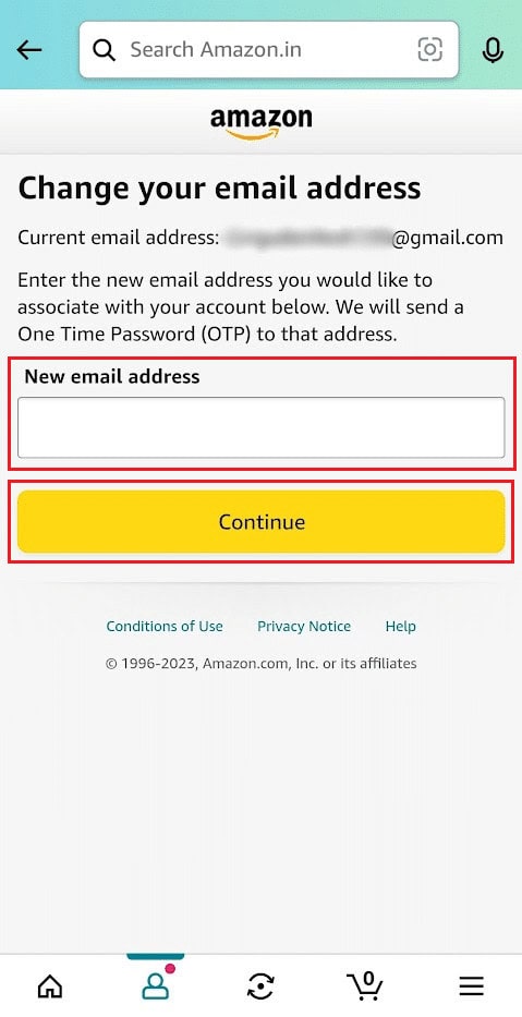 Enter your new email address and tap on Continue