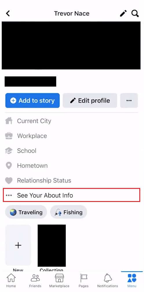 From your profile, tap on See Your About Info