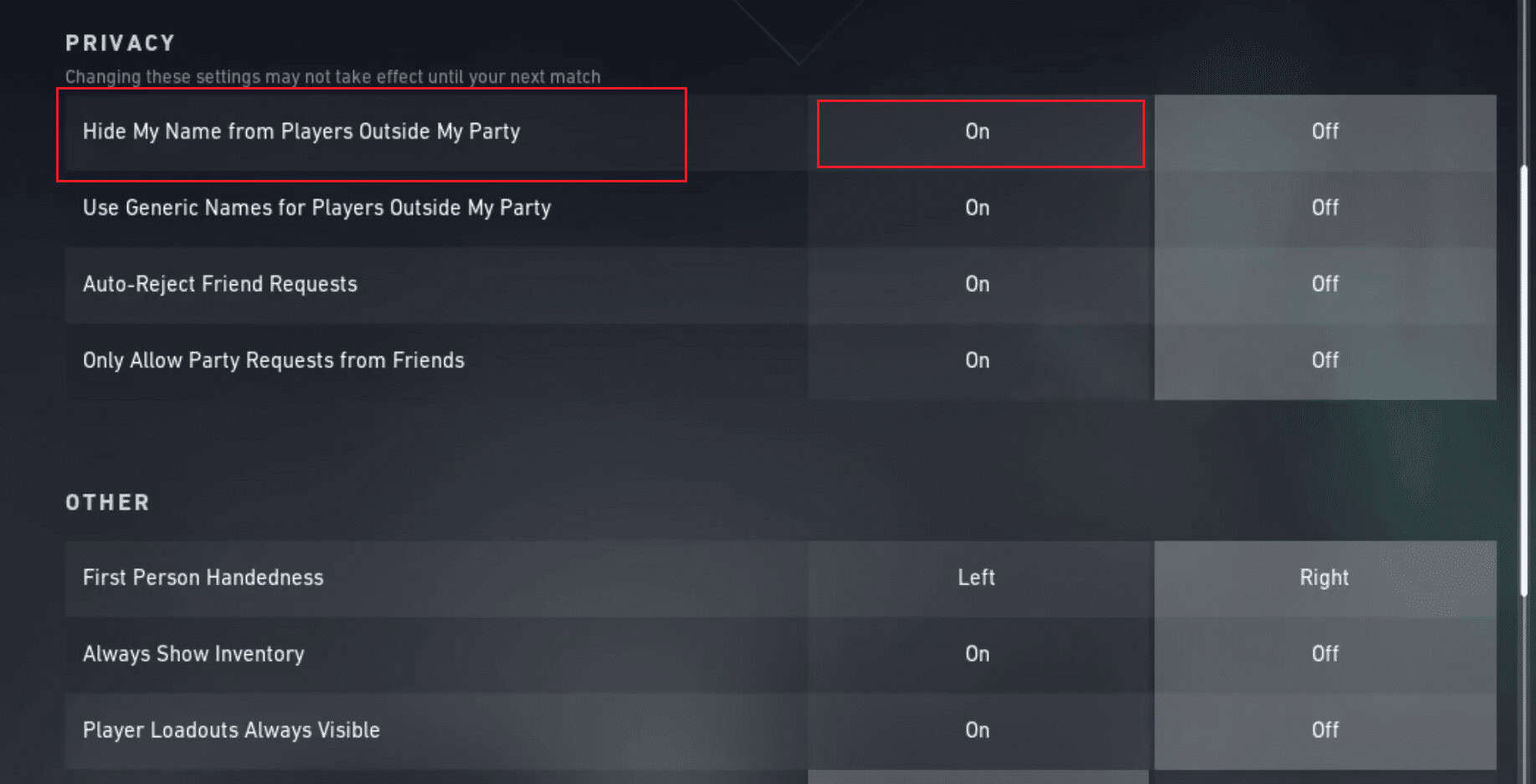 GENERAL tab - PRIVACY section - Click on the On option for the Hide My Name from Players Outside My Party option | How to See Level in Valorant