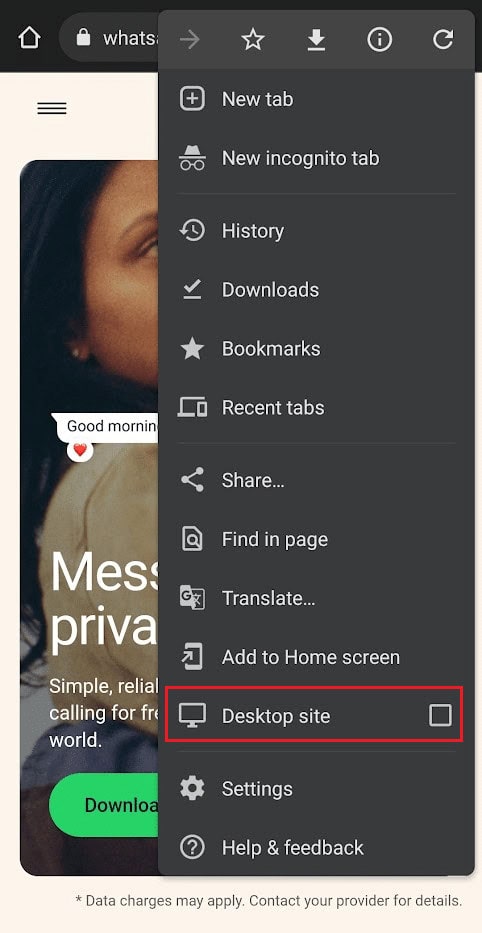 Select the Desktop site checkbox from the options