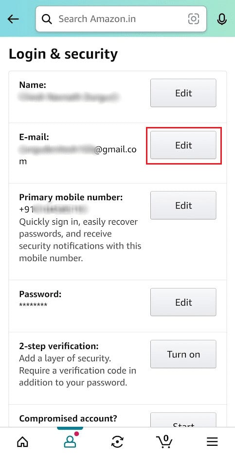 Tap on Edit from the Email field | How to Change Name on Amazon Account