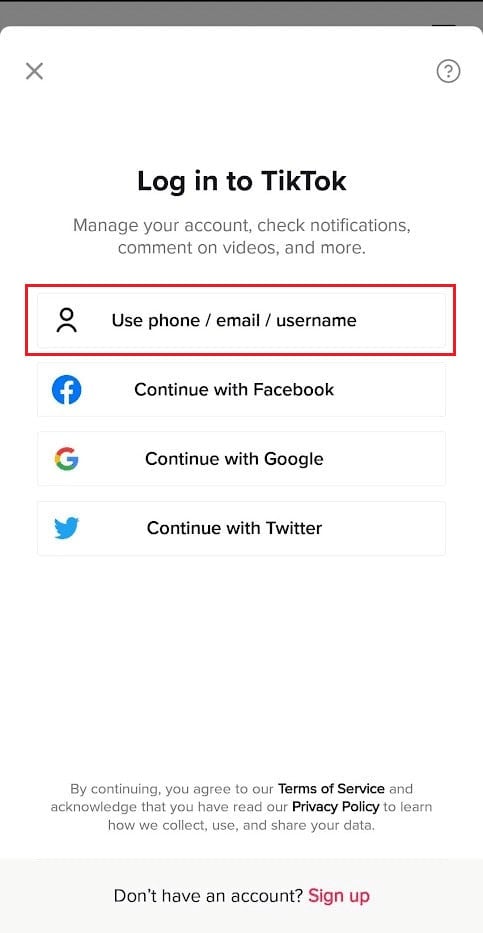 tap on Use phone / email / username