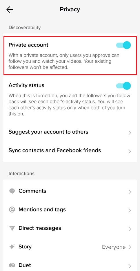 TikTok toggle on private account