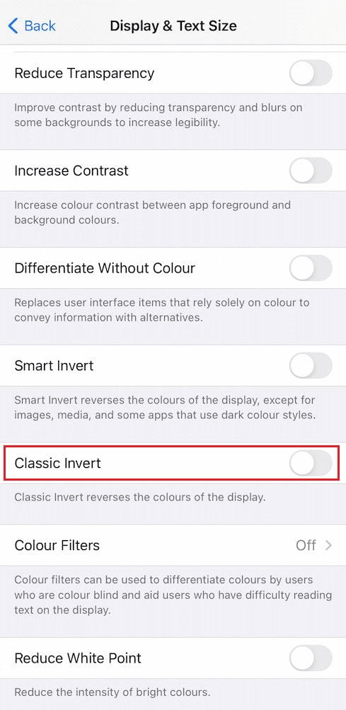 Turn on the toggle for the Classic Invert option