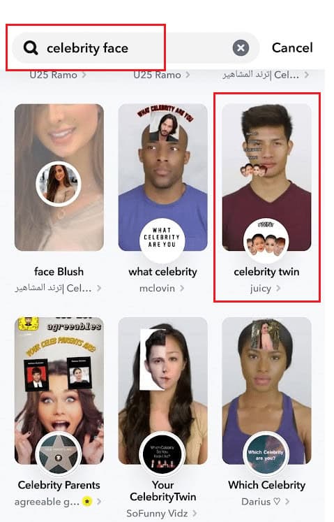 Type celebrity face in the search bar and search - celebrity twin filter by juicy