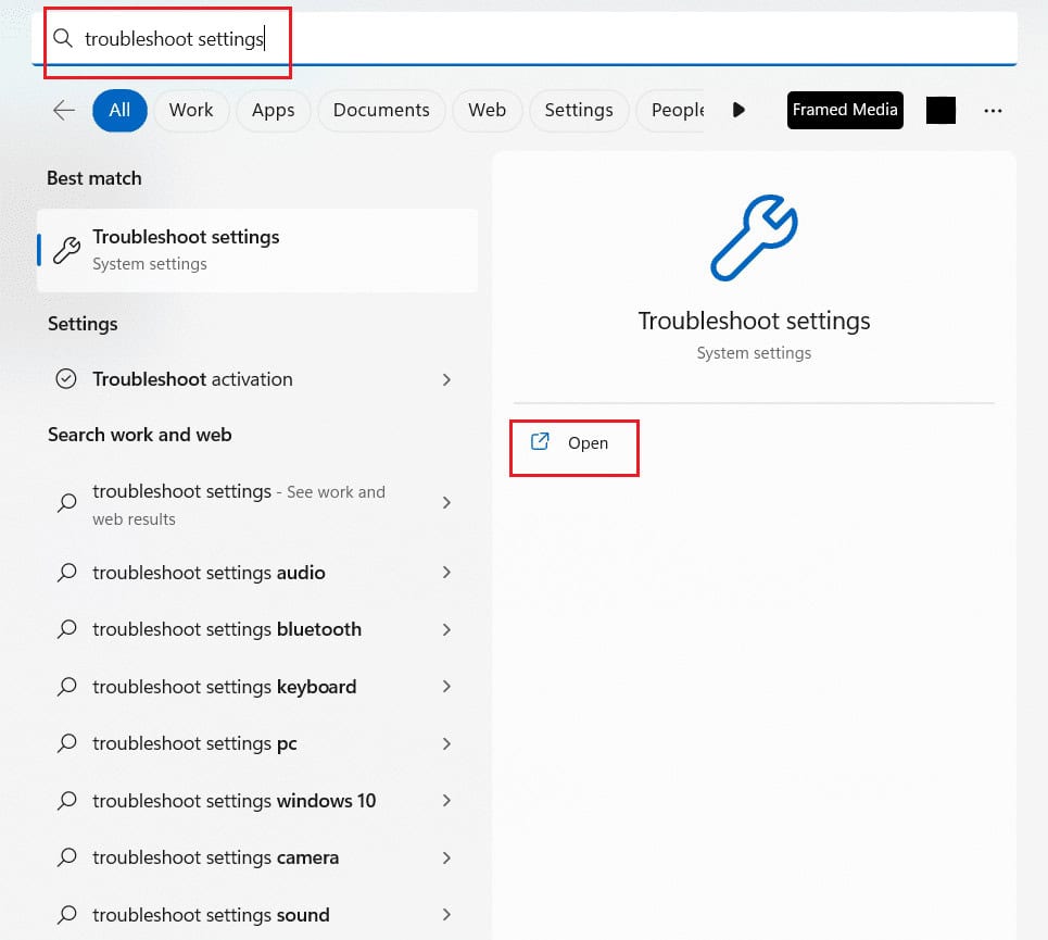 Windows icon - type Troubleshoot settings in search bar - Open