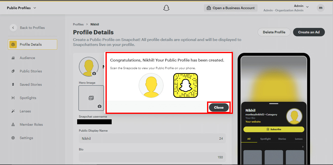 A congratulations message will be shown to you then click Close. Snapchat lens creator profile