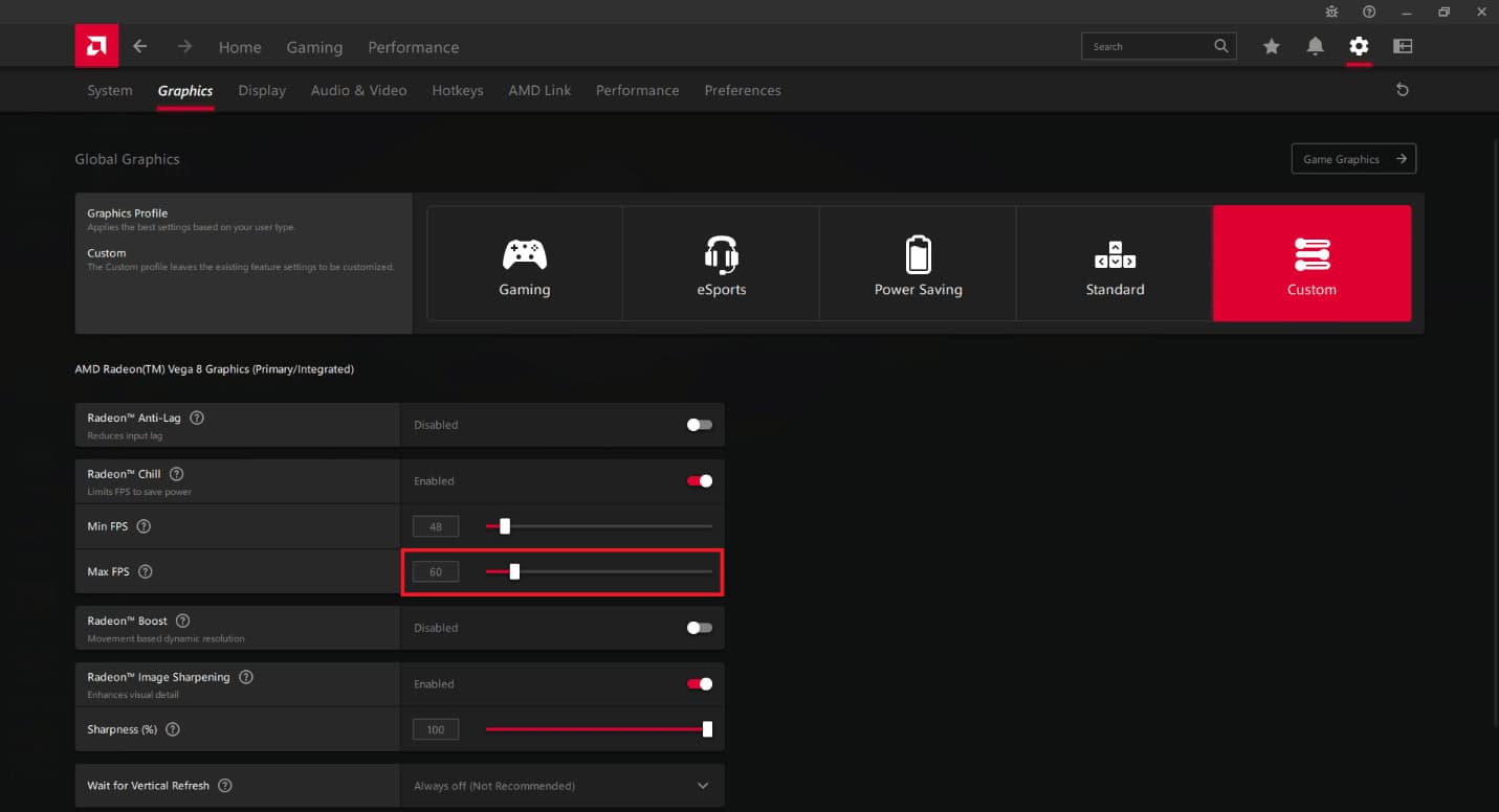 Adjust the Max FPS slider to the desired frame rate limit