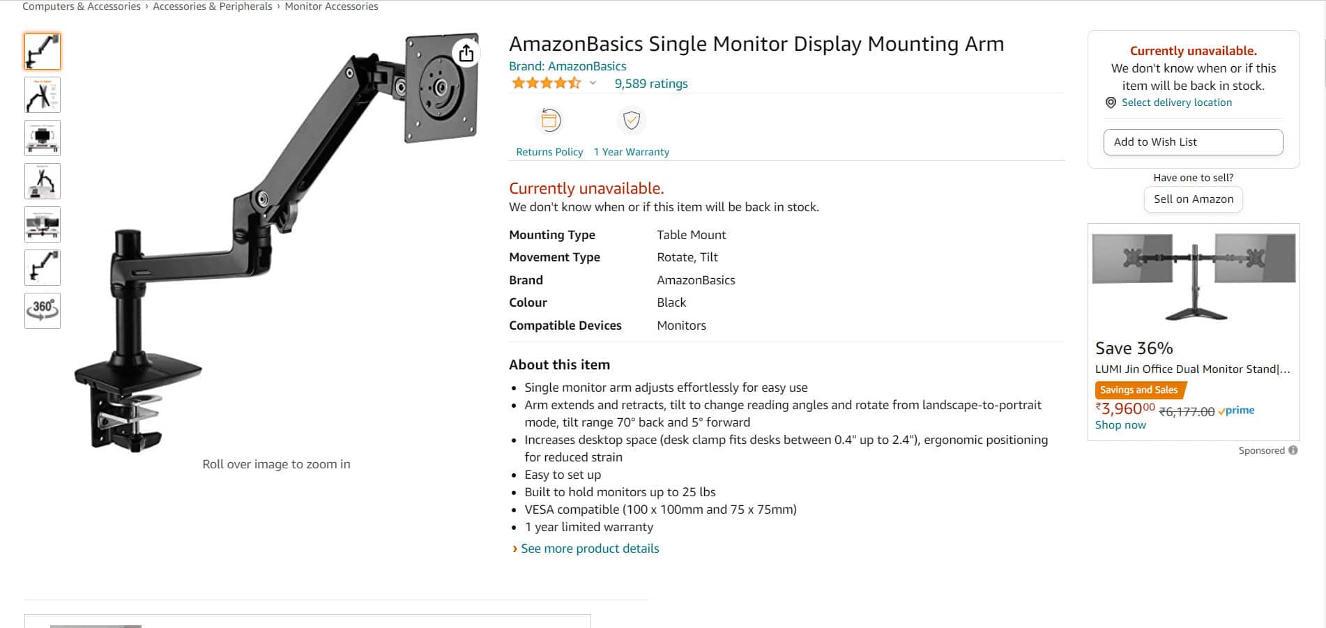 AmazonBasics Single Monitor Display Mounting Arm