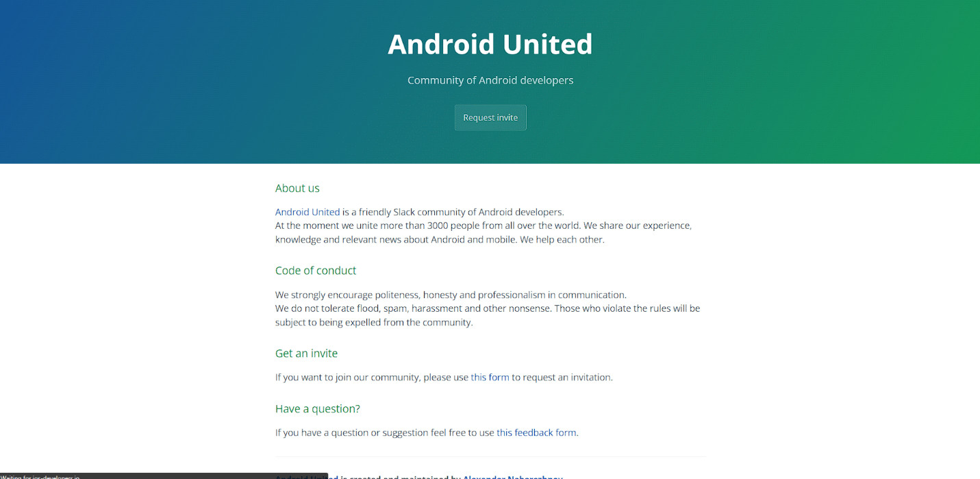 Android United Website Homepage. 23 Best Slack Community for Developers