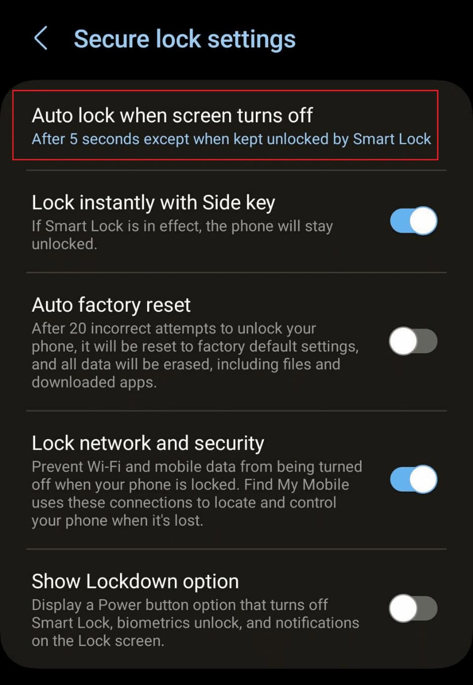 Tap on the Auto lock when screen turns off option
