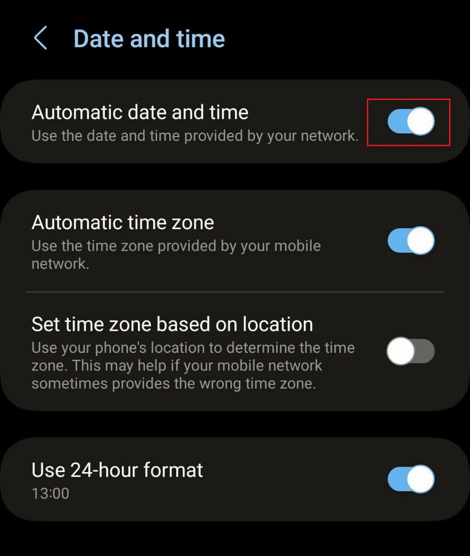 turn on the toggle for Automatic date and time