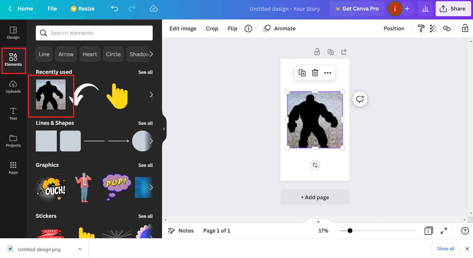 Click on Elements and select an element | How to Create a Shadow Effect in Canva