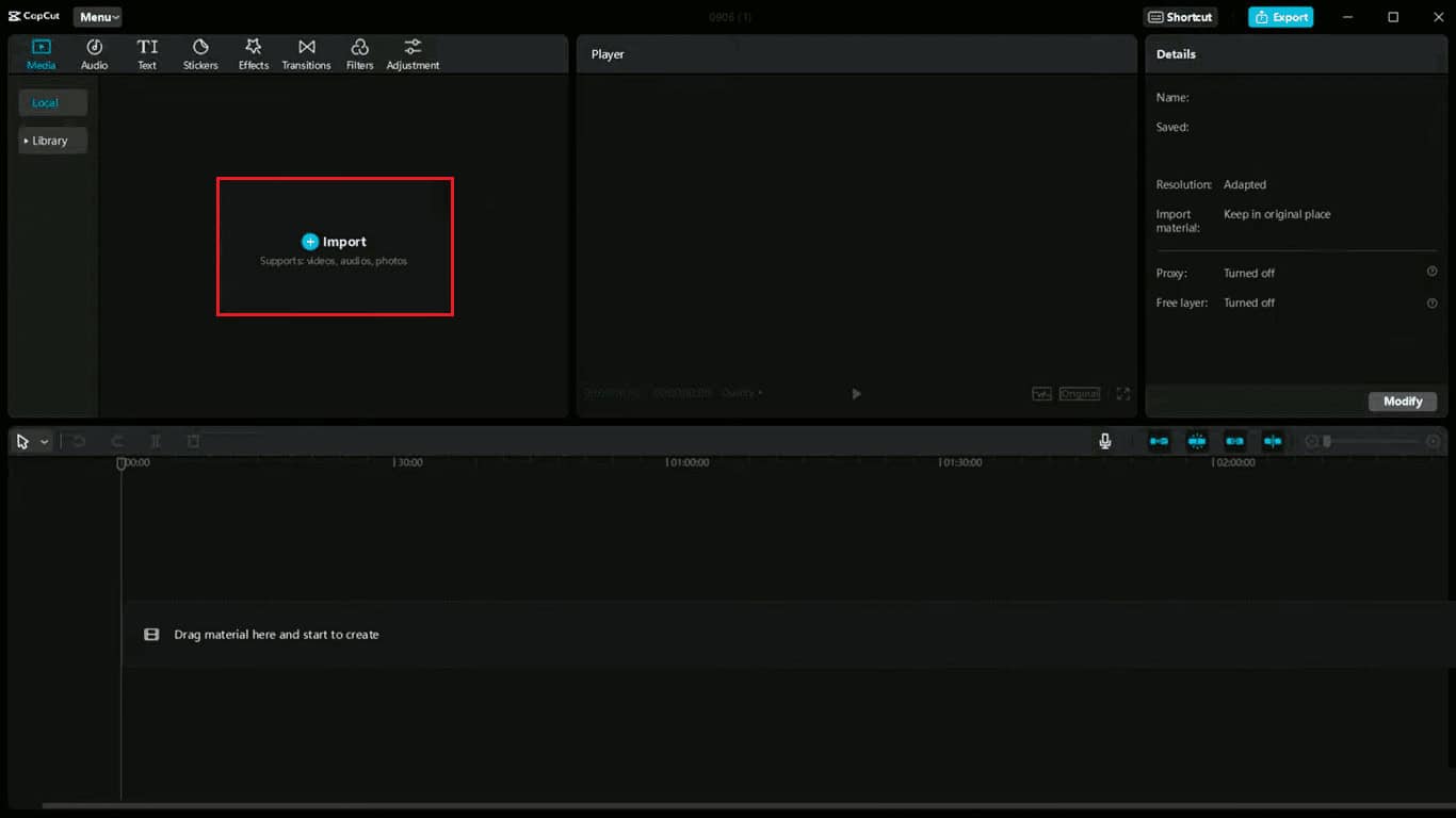 click on import option in capcut app PC