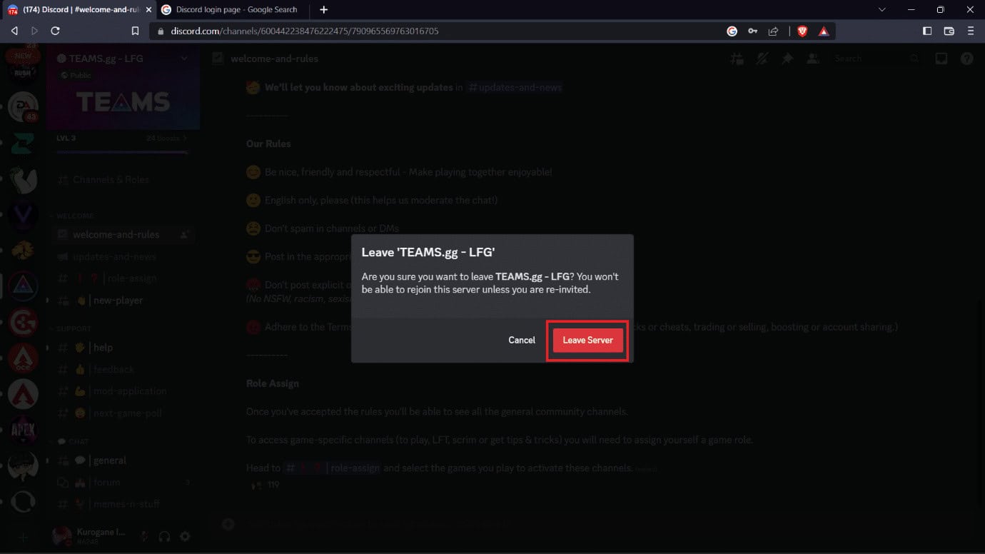 Click on Leave Server again.