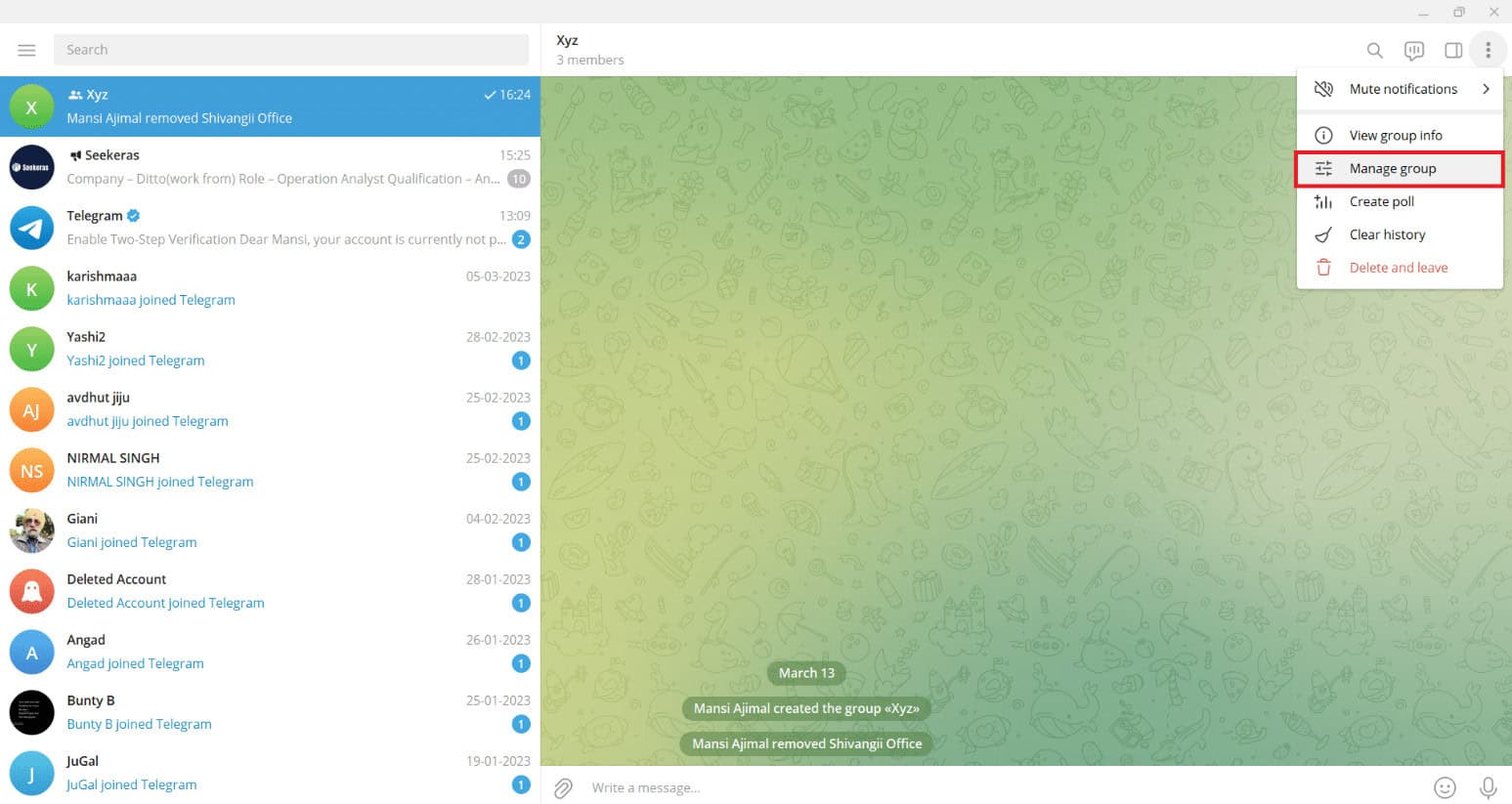 click on manage group