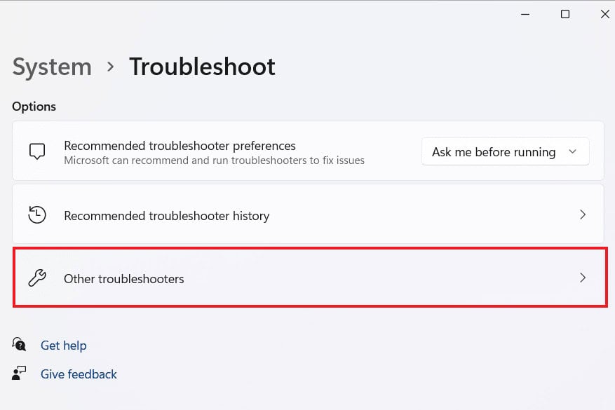 Click on Other troubleshooters