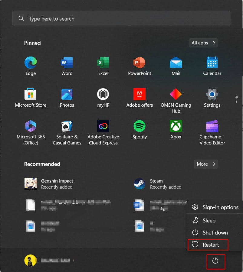 Click on Power icon and select Restart
