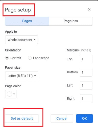 Click on Set as Default. What are the Default Margins in Google Docs?