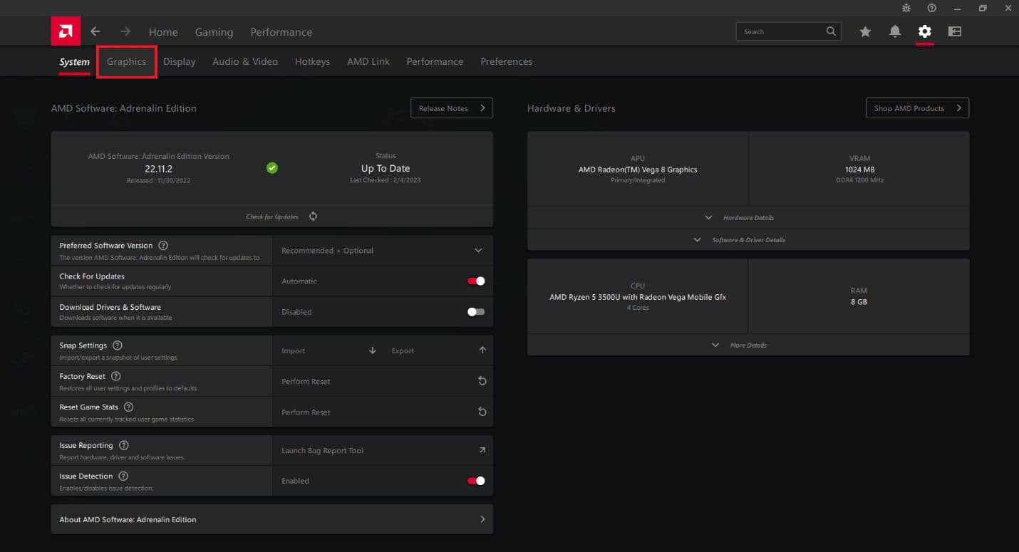 Click on the Graphics tab