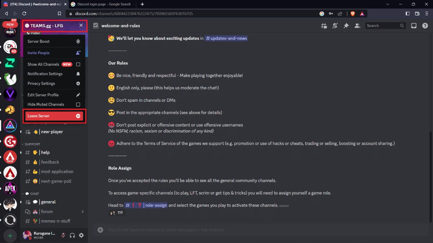 Click on the Server Name, and then click on Leave Server from the drop-down menu, as shown below.