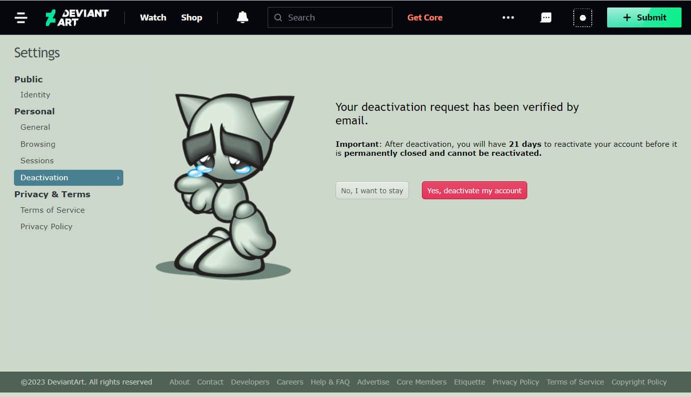 click on Yes, deactivate my account. | Can I Delete My DeviantART Account?